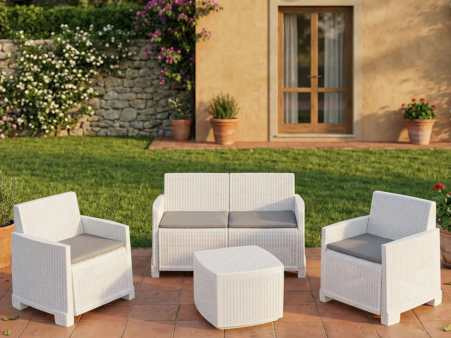Set Salotto da Esterno Amer, 4 Posti Made in Italy, Bianco, Salottino Outdoor