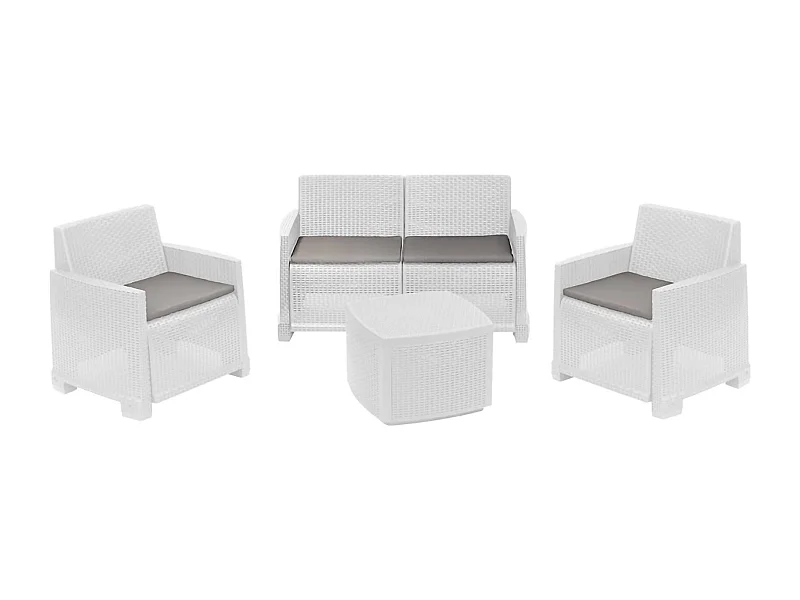 Salon d'extérieur Dbalestrer, Ensemble de jardin avec 2 fauteuils, 1 canapé et 1 table de rangement, Effet rotin avec coussins, 100% Made in Italy, Blanc