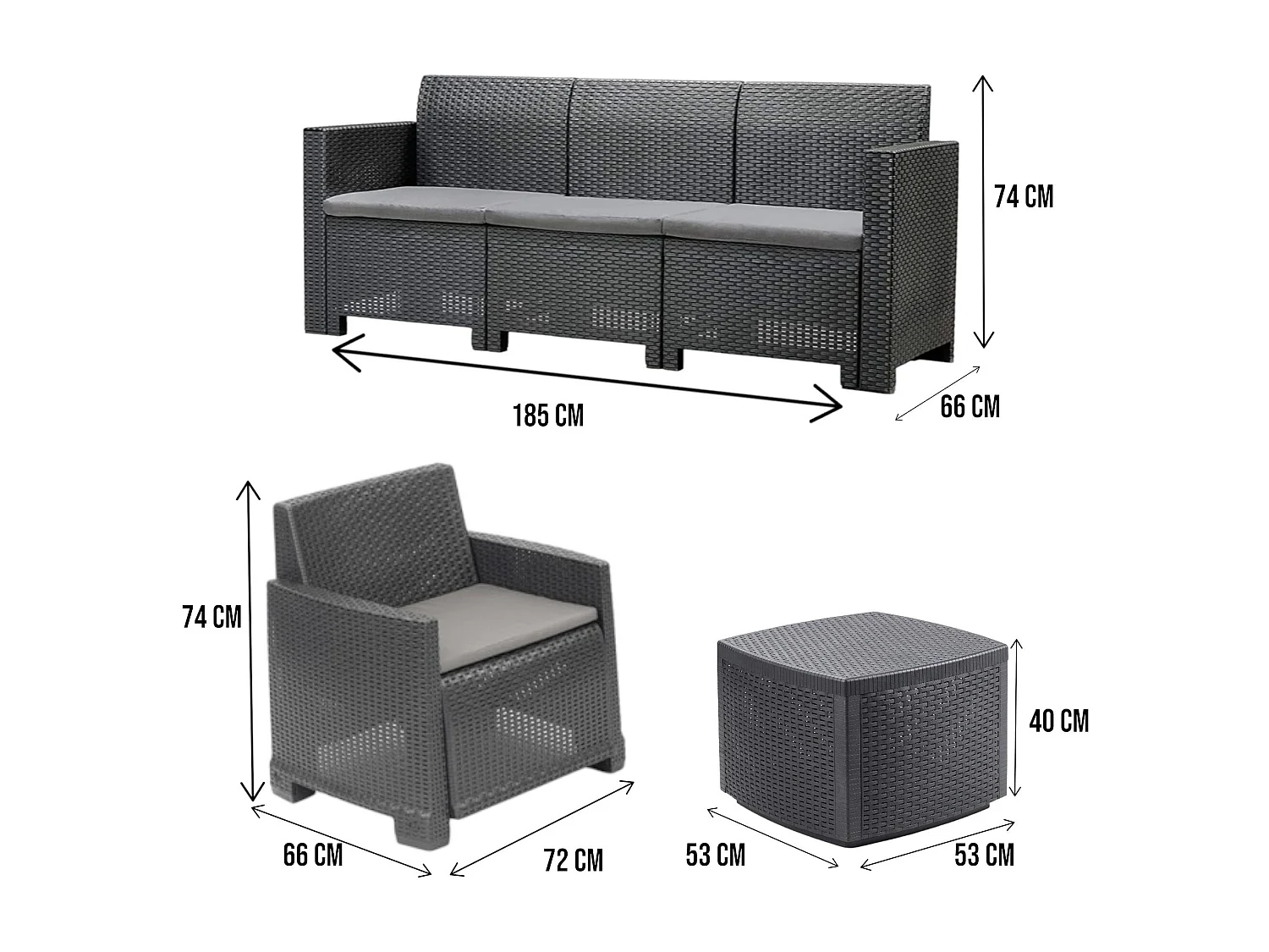 Salon d'extérieur Dbellucc, Salon de jardin avec 2 fauteuils, 1 canapé et 1 table de rangement, Effet rotin avec coussins, 100% Made in Italy, Anthracite