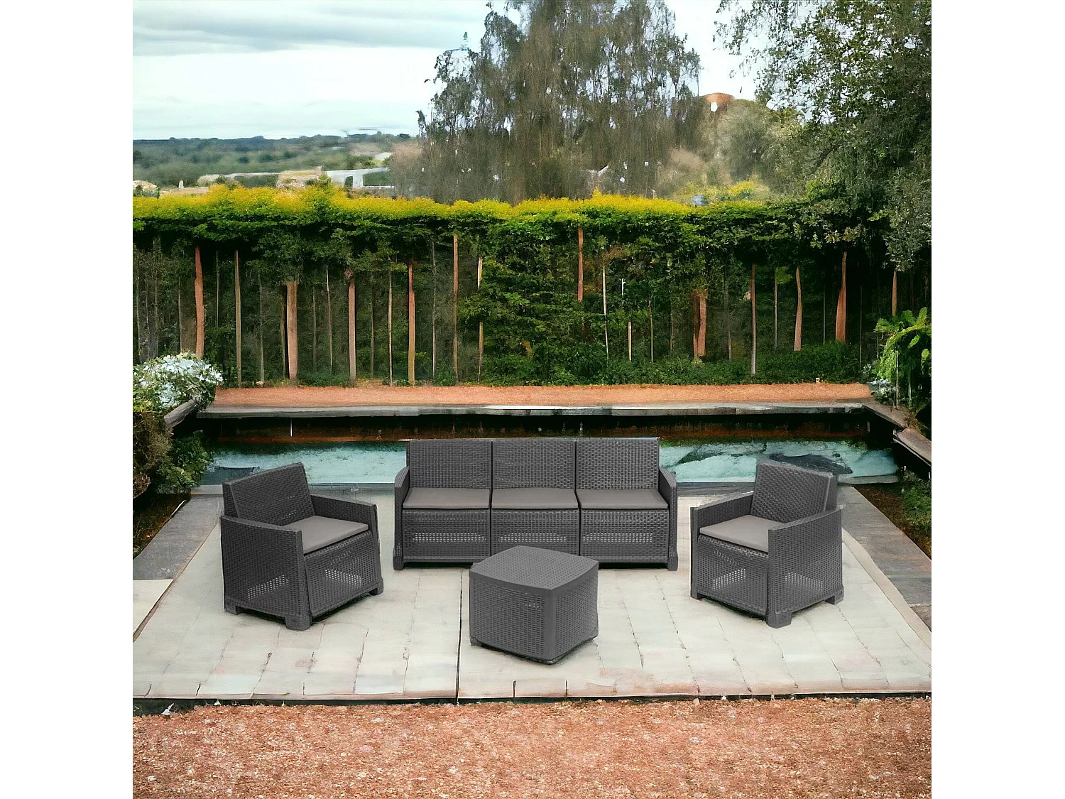Salon d'extérieur Dbellucc, Salon de jardin avec 2 fauteuils, 1 canapé et 1 table de rangement, Effet rotin avec coussins, 100% Made in Italy, Anthracite