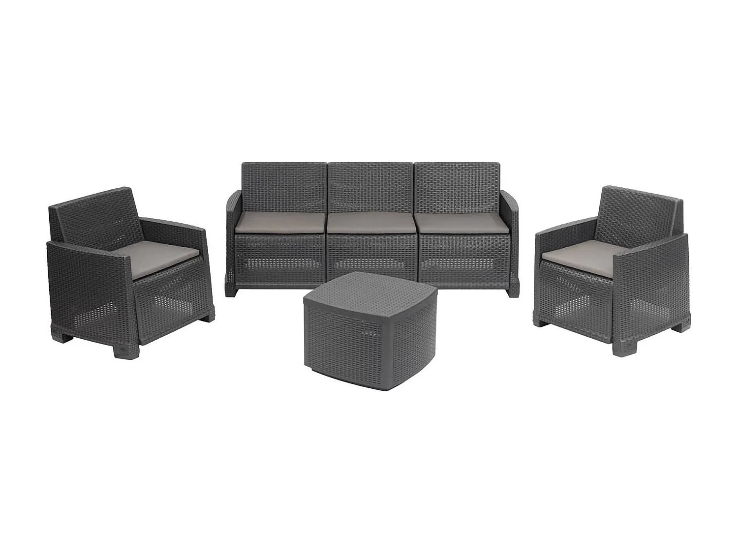 Lounge-Set für drauÃŸen Dbellucc, Garten-Set mit 2 Sesseln, 1 Sofa und 1 Aufbewahrungstisch, Rattan-Effekt mit Kissen, 100 % Made in Italy, Anthrazit