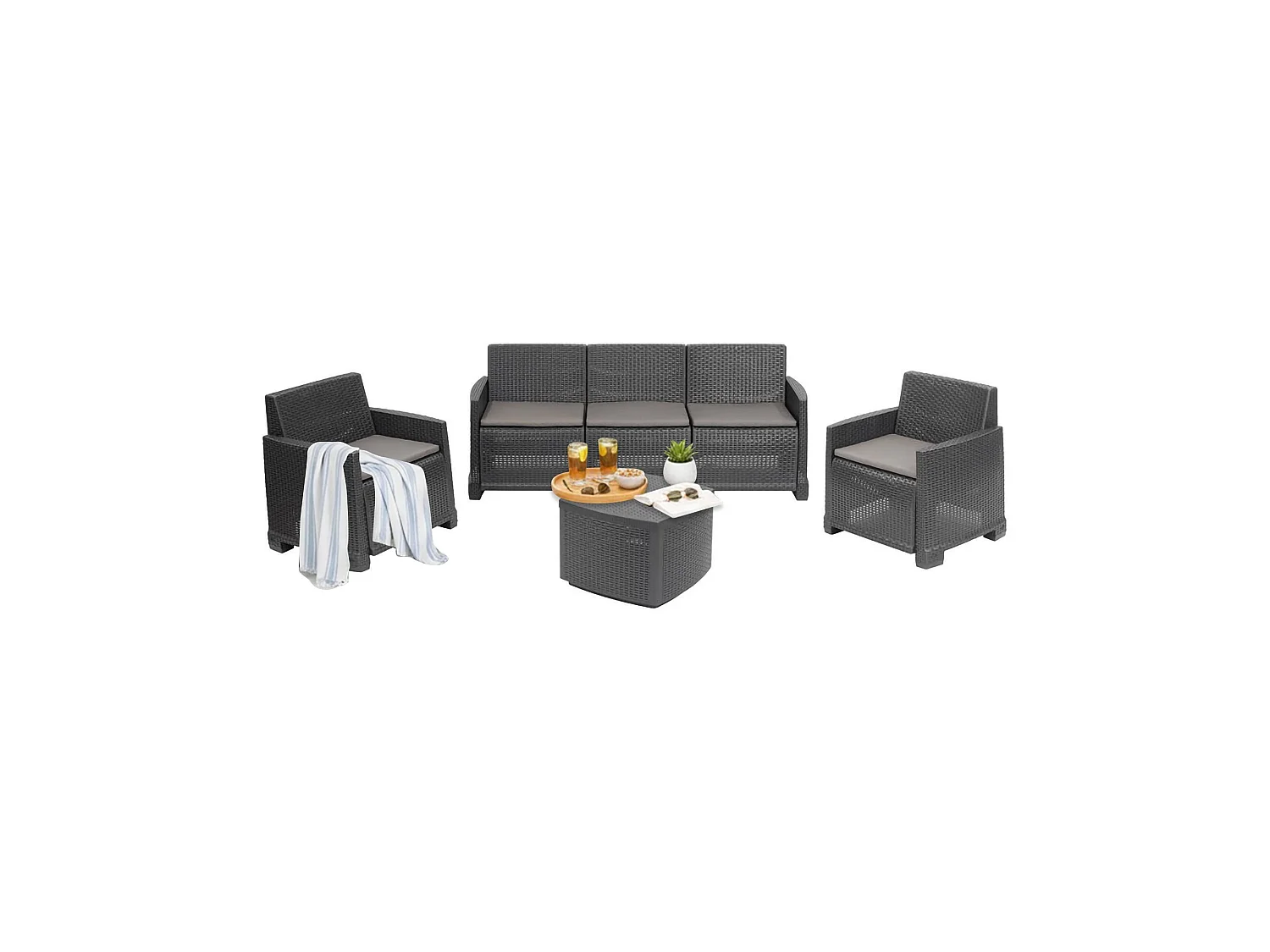 Salon d'extérieur Dbellucc, Salon de jardin avec 2 fauteuils, 1 canapé et 1 table de rangement, Effet rotin avec coussins, 100% Made in Italy, Anthracite