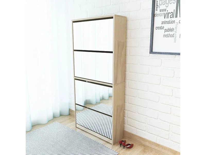 Schuhschrank Schuhregal mit 4 Fächern Spiegel Eiche 63×17×134 cm -gkd88726