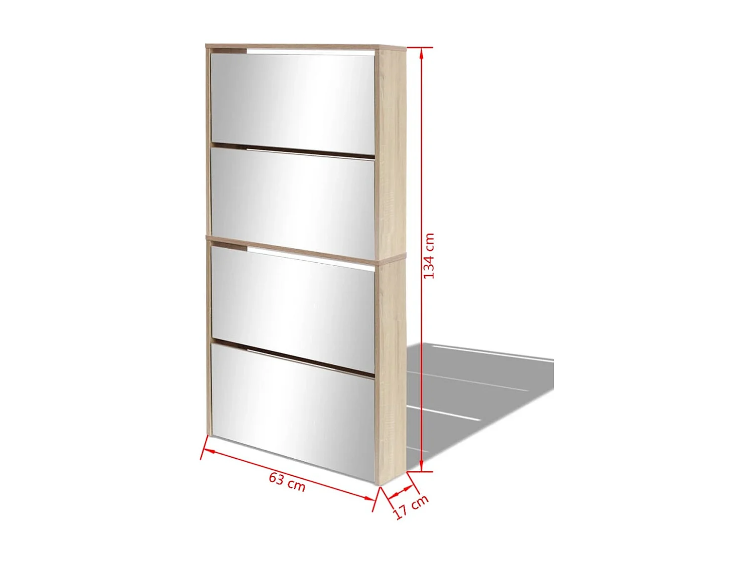 Schuhschrank Schuhregal mit 4 Fächern Spiegel Eiche 63×17×134 cm -gkd88726
