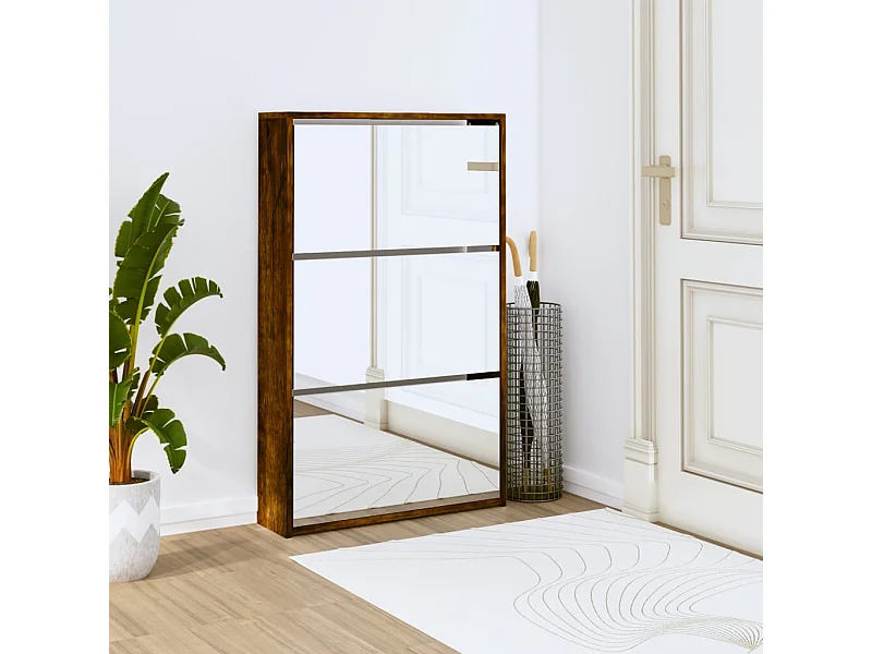 Schuhschrank Schuhregal mit Spiegel 3 Fächer Räuchereiche 63x17x102,5 cm -gkd56476