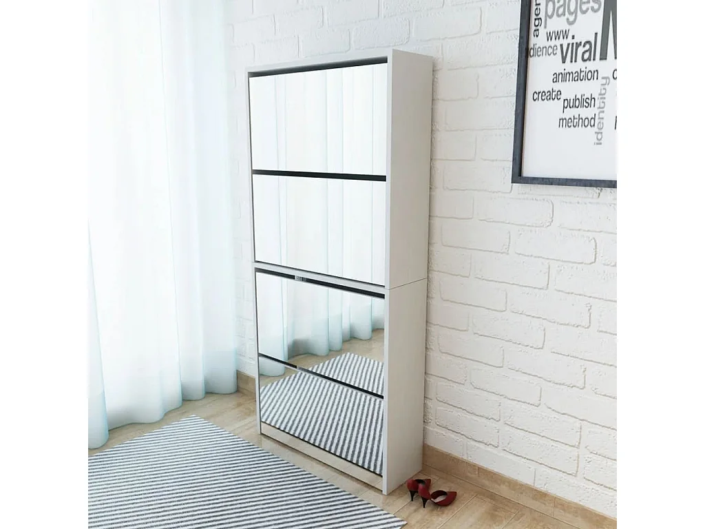 Schuhschrank Schuhregal mit 4 Fächern Spiegel Weiß 63×17×134 cm -gkd95562