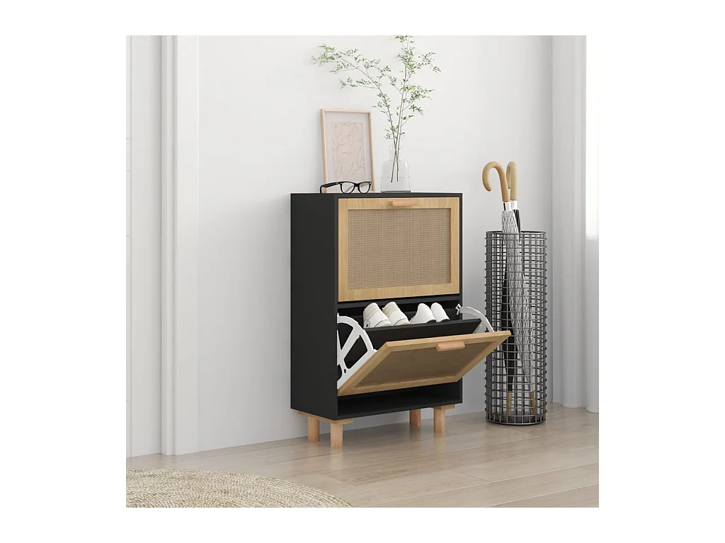 Schuhschrank Schuhregal Schwarz 52x25x80 cm Holzwerkstoff & Rattan Natur -gkd53122