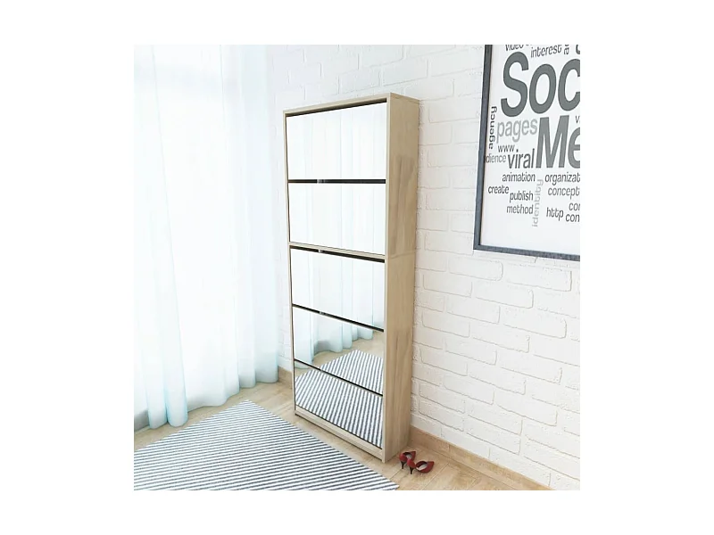 Schuhschrank Schuhregal mit 5 Fächern Spiegel Eiche 63x17x169,5 cm -gkd38892