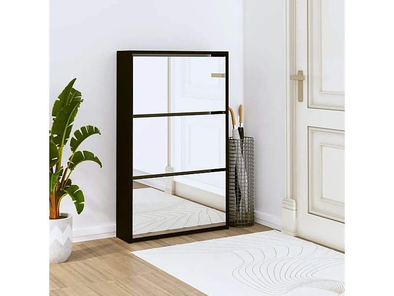 Schuhschrank Schuhregal mit Spiegel 3 Fächer Schwarz 63x17x102,5 cm -gkd93101