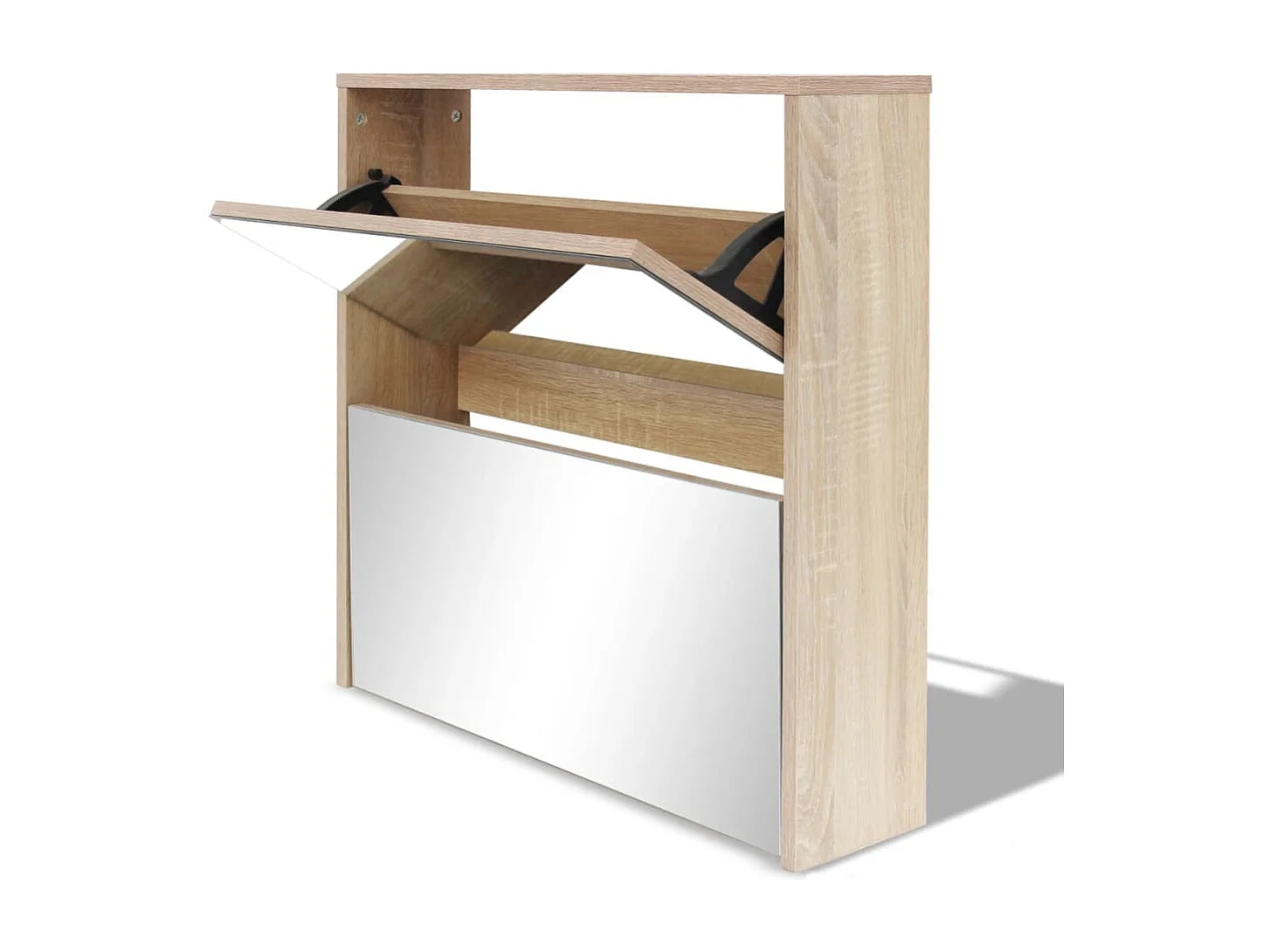 Schuhschrank Schuhregal mit 2 Fächern Spiegel Eiche-Optik 63x17x67 cm -gkd26421