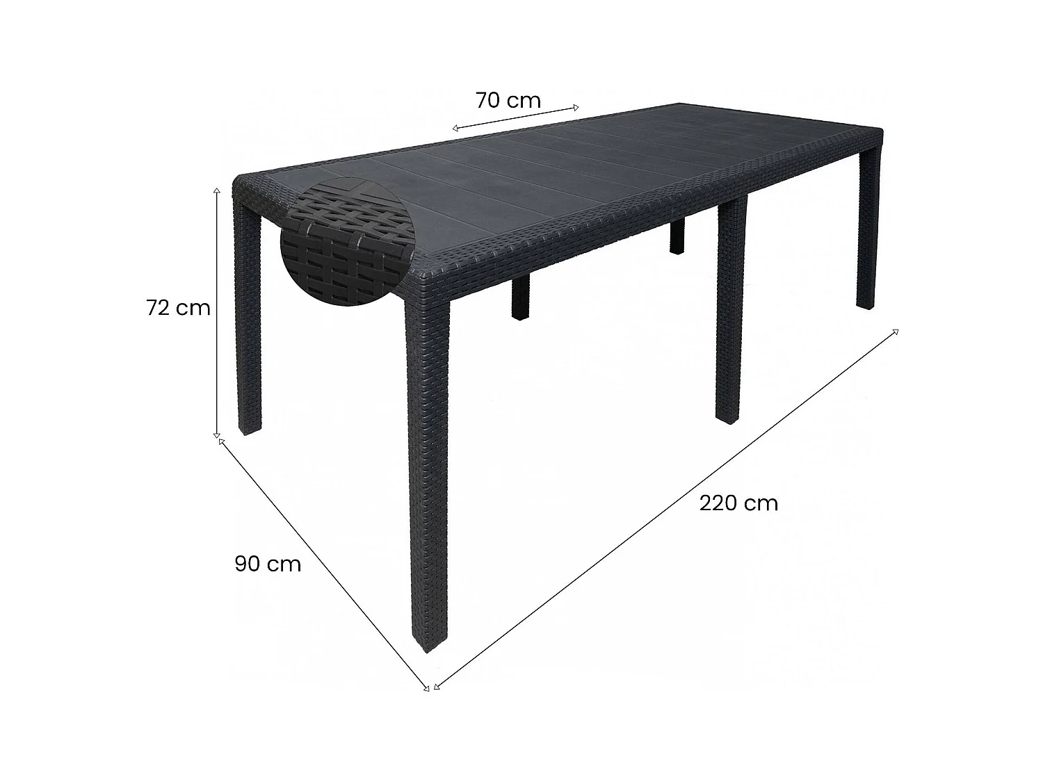 Table d'extérieur Dmains, Etagère à manger rectangulaire extensible, Table de jardin extensible effet rotin, 100% Made in Italy, 150/220x90h72 cm, Anthracite