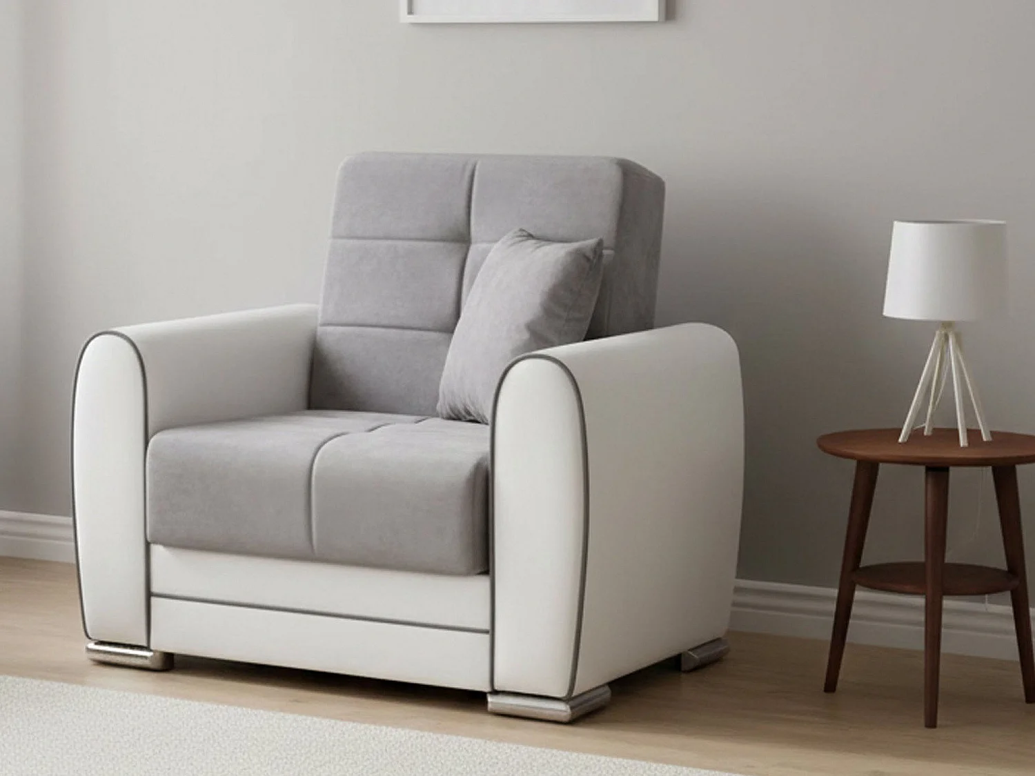 Fauteuil Enrique, Fauteuil conteneur pour le salon, convertible en lit, Fauteuil relax en tissu rembourré, 97x84h91 cm, Blanc et Gris clair