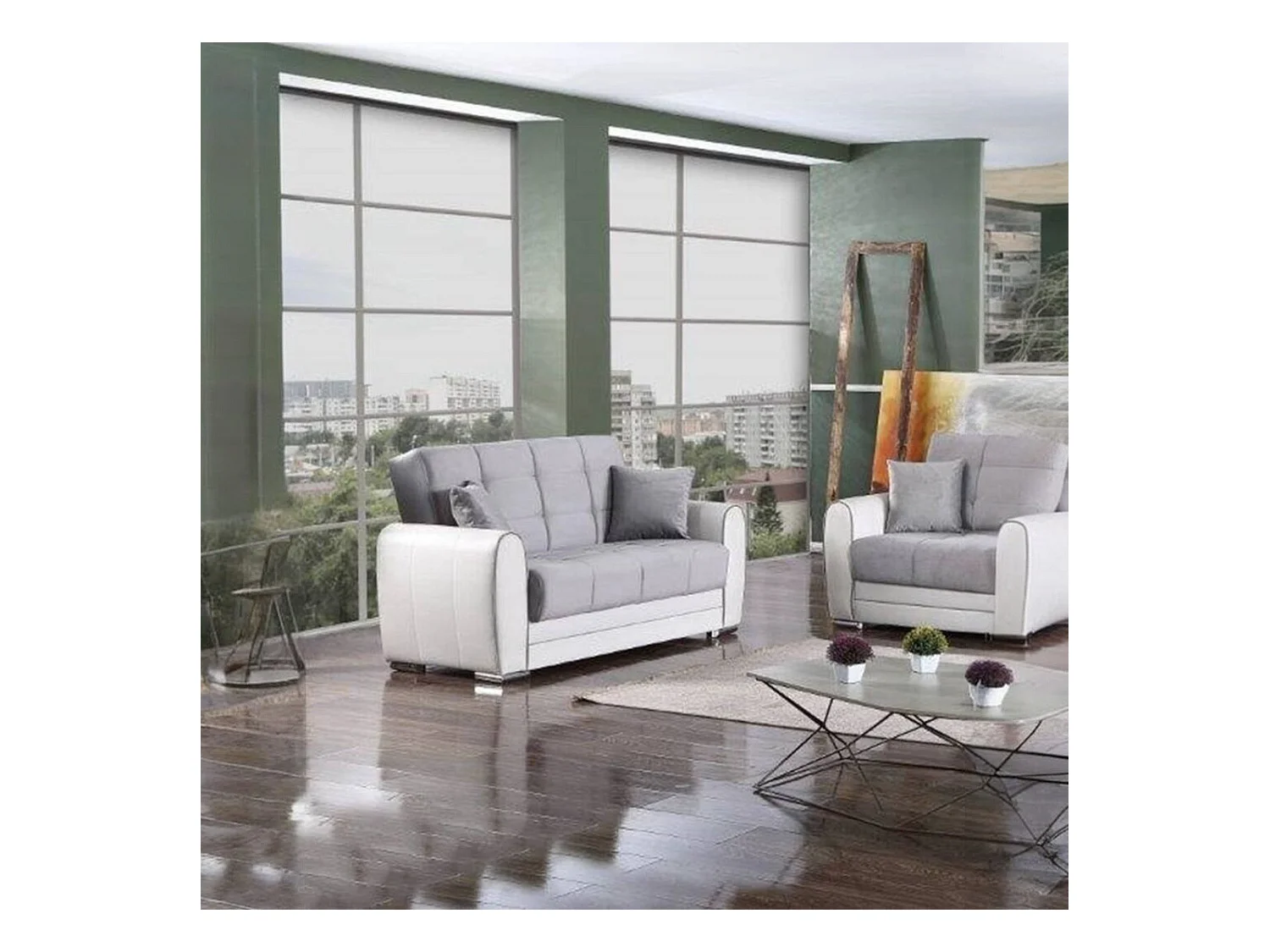 Canapé Pablito, Canapé d'angle conteneur en éco-cuir et tissu, Canapé de salon avec ouverture clic-clac et péninsule réversible, 163x84h91 cm, Blanc et Gris