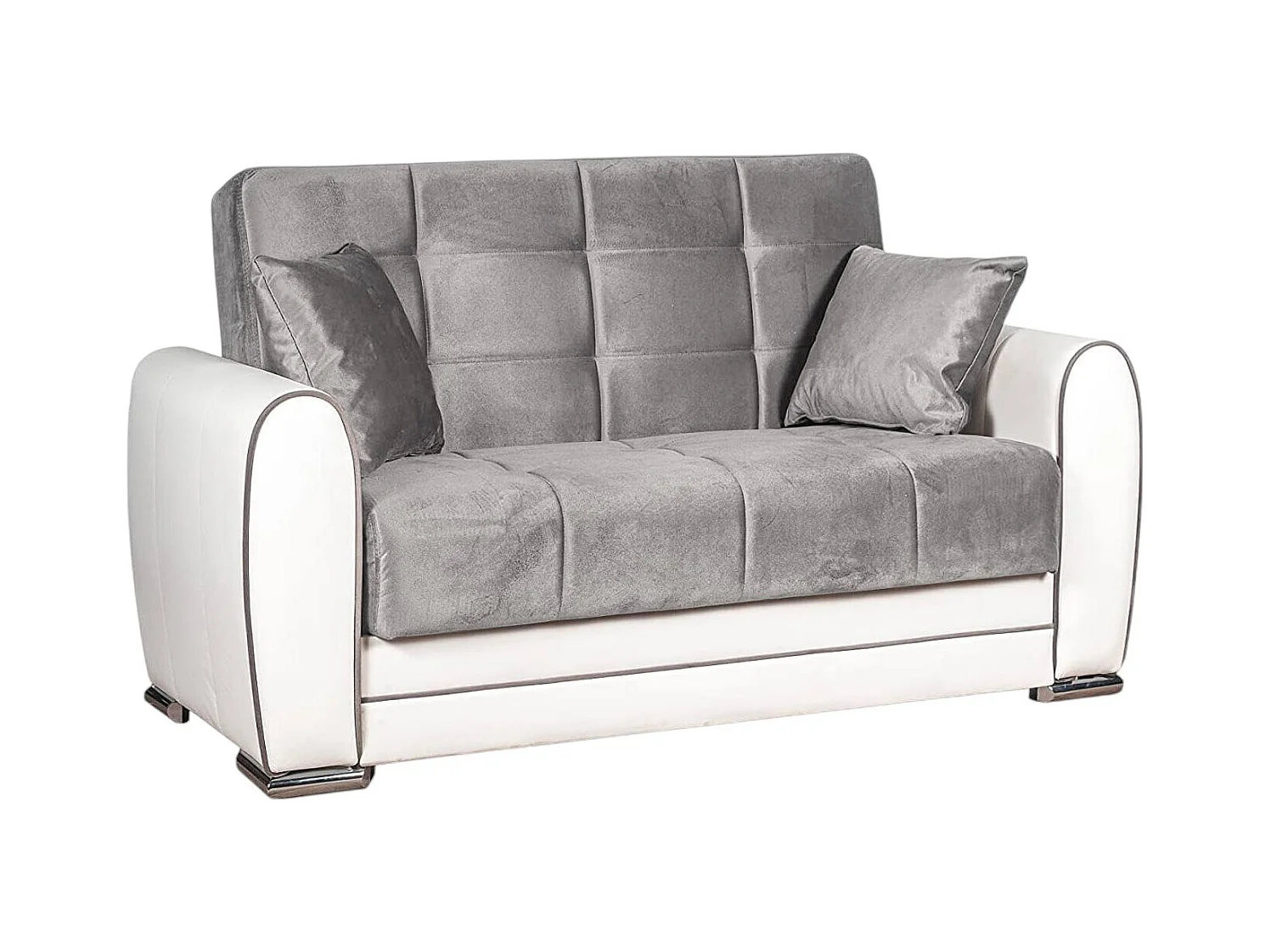 Canapé Pablito, Canapé d'angle conteneur en éco-cuir et tissu, Canapé de salon avec ouverture clic-clac et péninsule réversible, 163x84h91 cm, Blanc et Gris