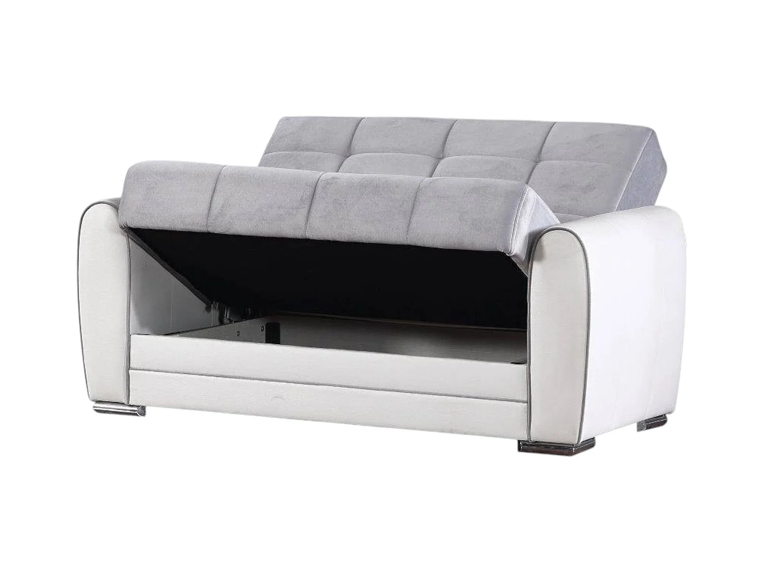 Canapé Pablito, Canapé d'angle conteneur en éco-cuir et tissu, Canapé de salon avec ouverture clic-clac et péninsule réversible, 163x84h91 cm, Blanc et Gris