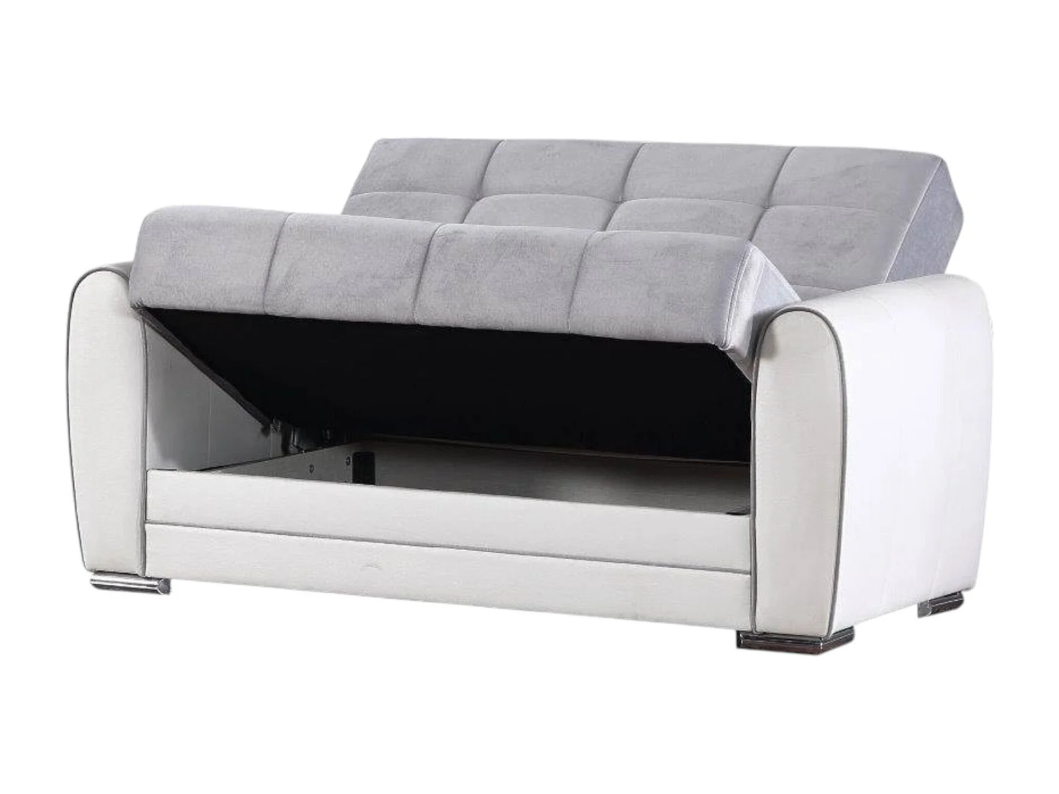 Canapé Pablito, Canapé d'angle conteneur en éco-cuir et tissu, Canapé de salon avec ouverture clic-clac et péninsule réversible, 163x84h91 cm, Blanc et Gris