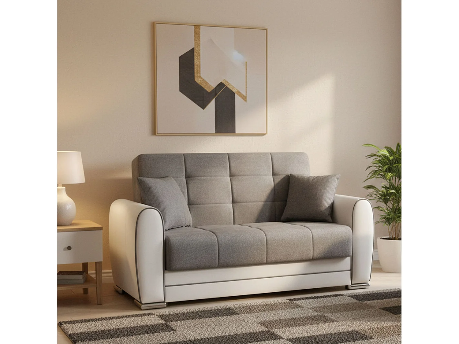 Canapé Pablito, Canapé d'angle conteneur en éco-cuir et tissu, Canapé de salon avec ouverture clic-clac et péninsule réversible, 163x84h91 cm, Blanc et Gris