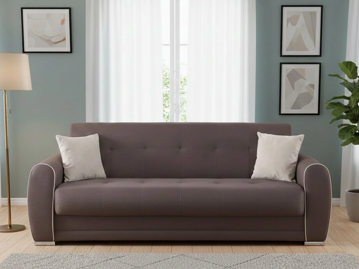 Sofá-cama Dababi, ofá-cama de 3 lugare com arrumação com 2 almofada incluída, Sofá da ala em tecido acolchoado com abertura click-clack, 224x85h87 cm, Cinza Claro