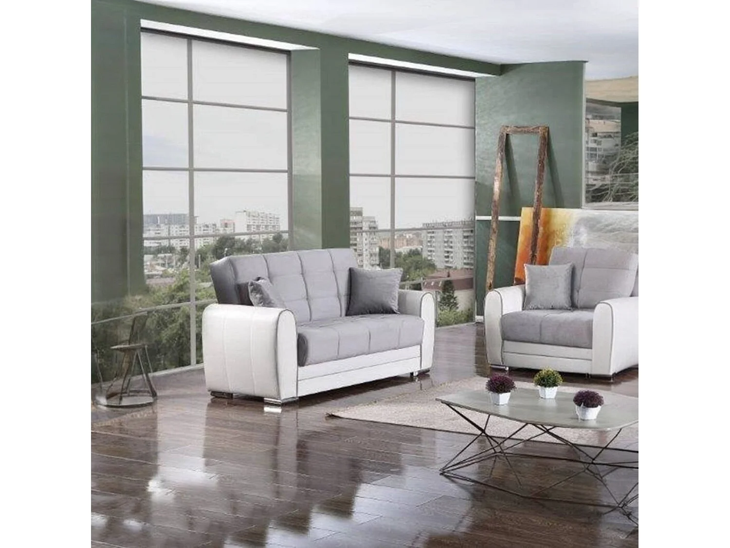 Schlafsofa Dlobuon, Eck-Container-Schlafsofa aus Kunstleder und Stoff, Wohnzimmersofa mit Klick-Klack-Öffnung und umkehrbarer Halbinsel, 163x84h91 cm, Weiß und Grau