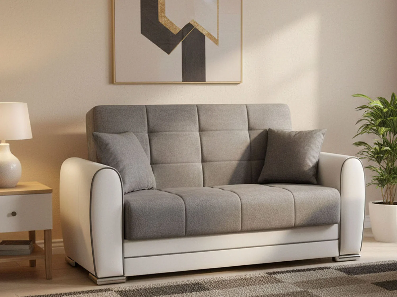 Sofá-cama Dlobuon, Sofá-cama container de canto em couro ecológico e tecido, Sofá da ala com abertura click-clack e penínula reverível, 163x84h91 cm, Branco e Cinza