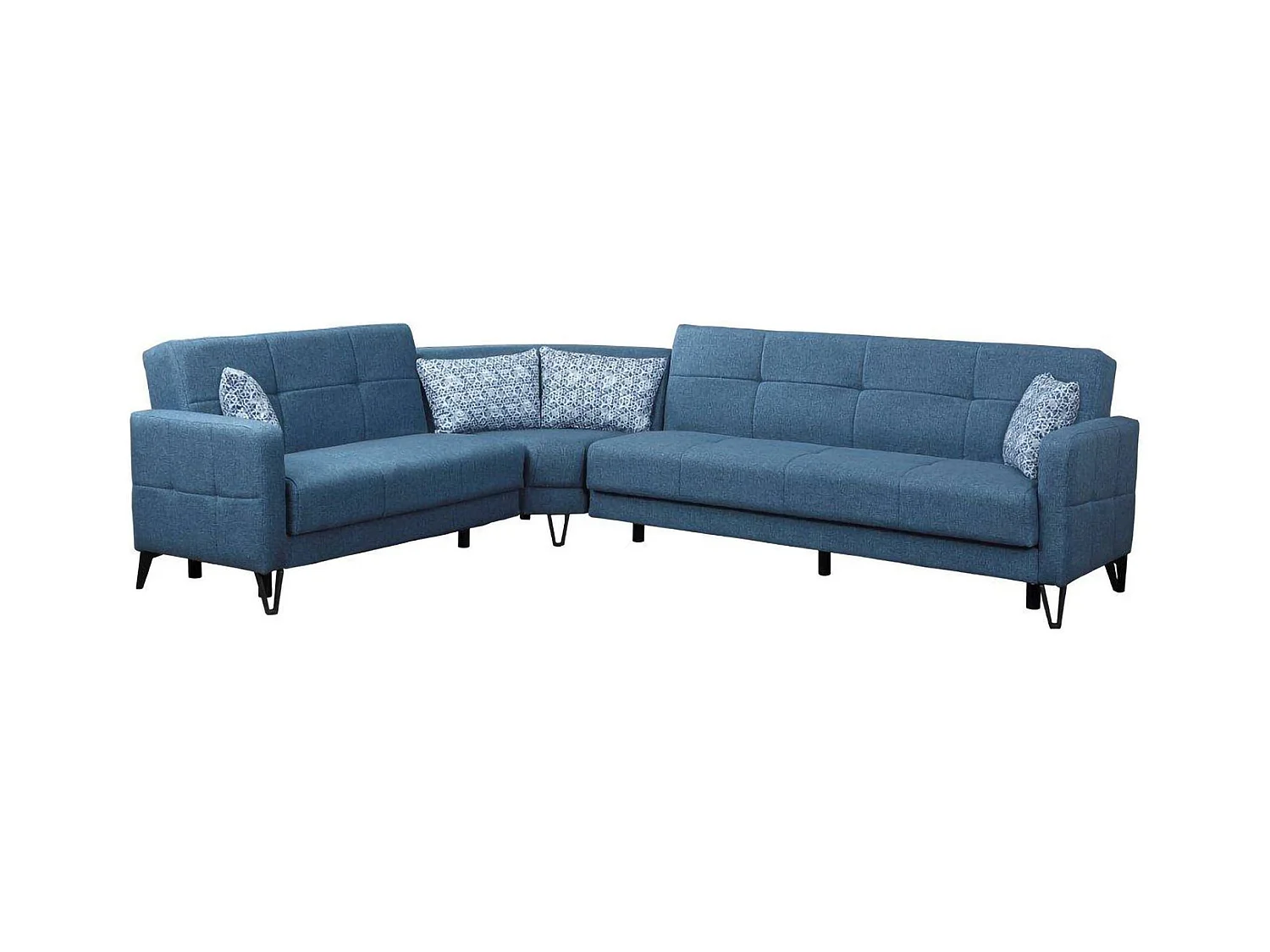 Divano letto con penisola Apo, Divano letto contenitore reversibile con 4 cuscini, Sofà in tessuto con apertura click-clack, 302x234h88 cm, Blu