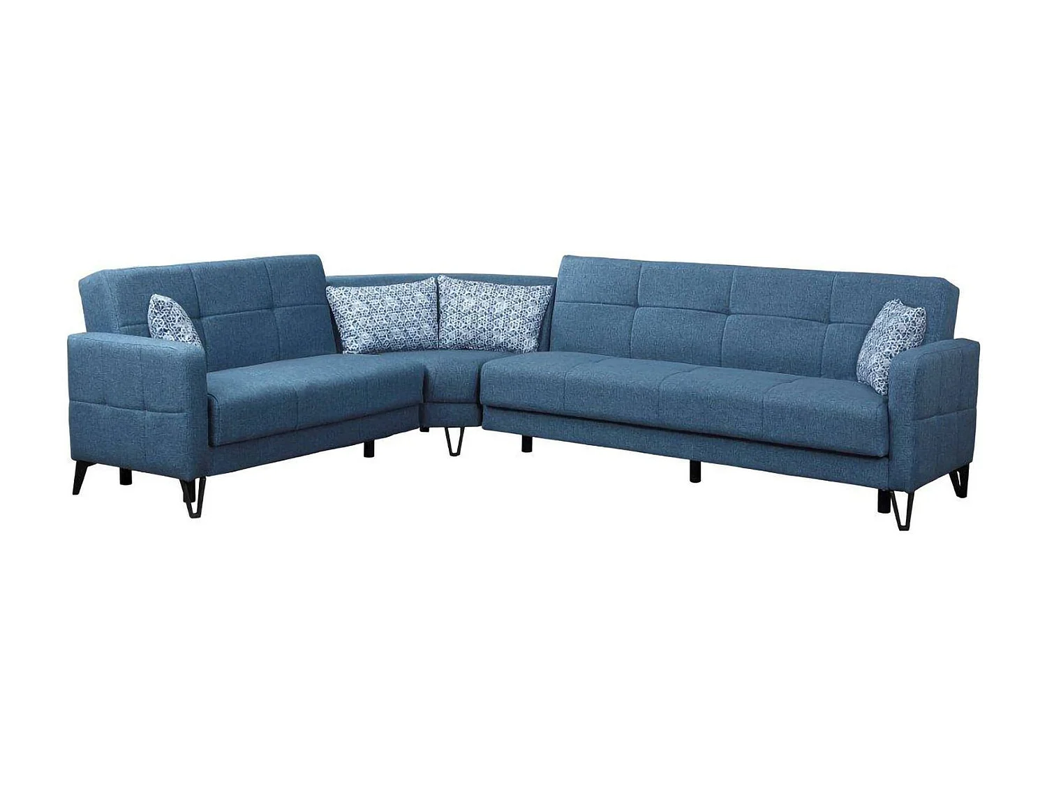 Divano letto con penisola Apo, Divano letto contenitore reversibile con 4 cuscini, Sofà in tessuto con apertura click-clack, 302x234h88 cm, Blu