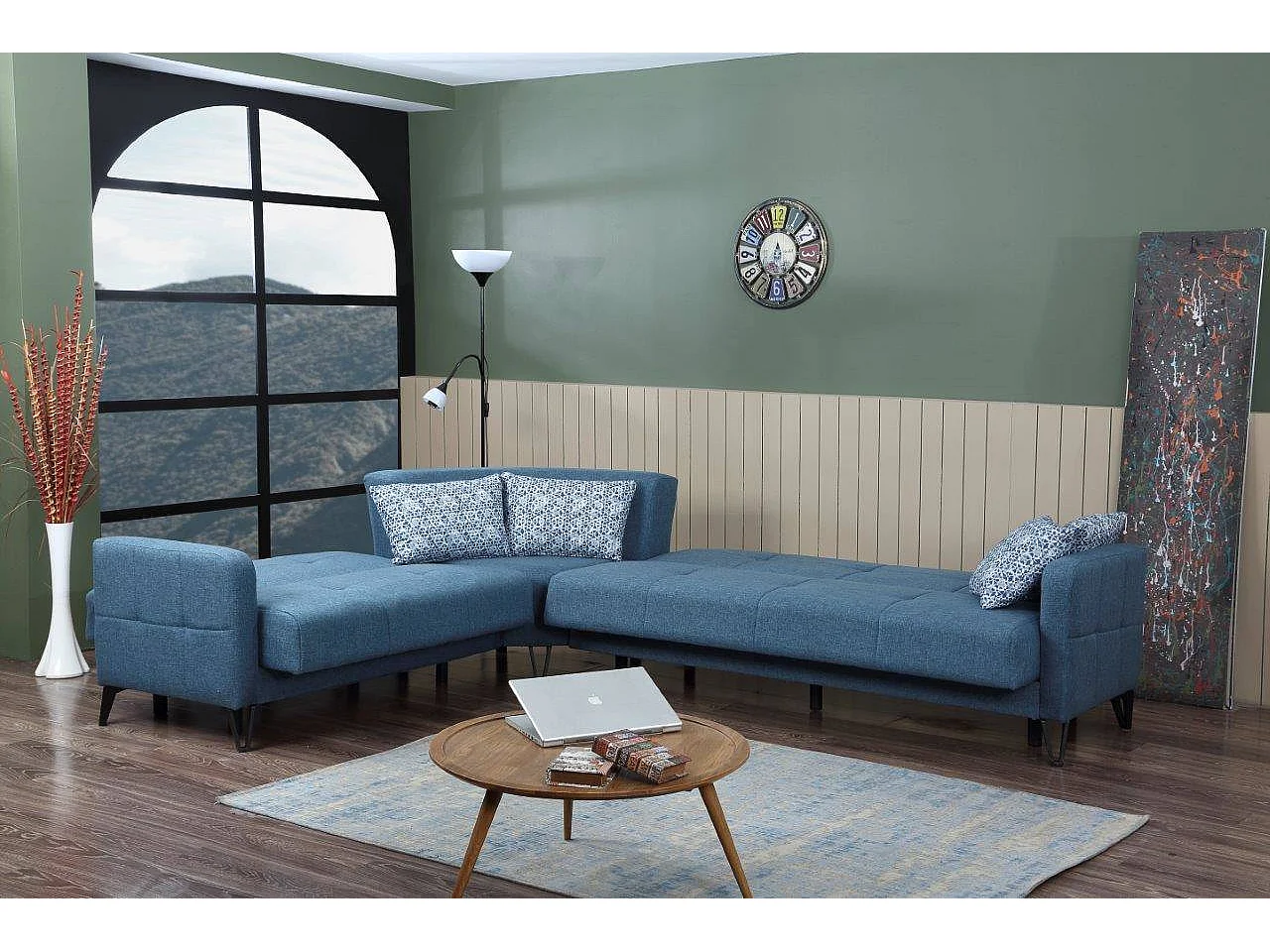 Divano letto con penisola Apo, Divano letto contenitore reversibile con 4 cuscini, Sofà in tessuto con apertura click-clack, 302x234h88 cm, Blu