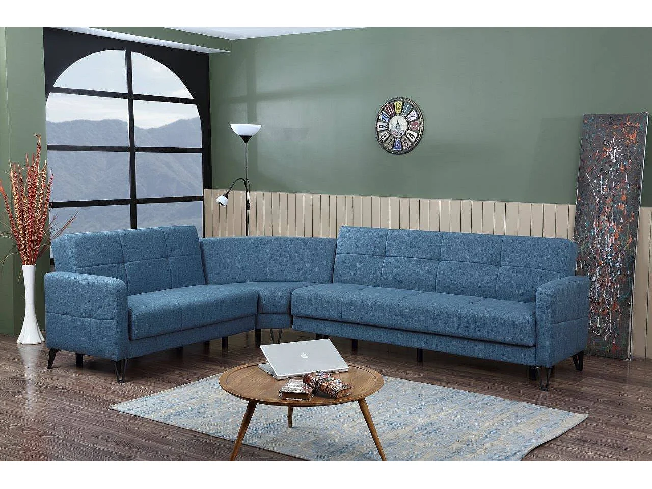 Divano letto con penisola Apo, Divano letto contenitore reversibile con 4 cuscini, Sofà in tessuto con apertura click-clack, 302x234h88 cm, Blu