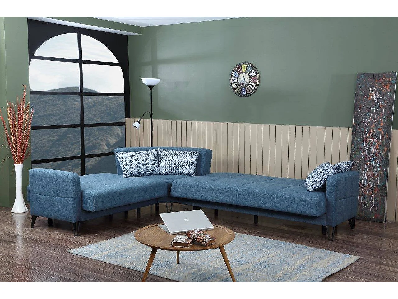 Divano letto con penisola Apo, Divano letto contenitore reversibile con 4 cuscini, Sofà in tessuto con apertura click-clack, 302x234h88 cm, Blu