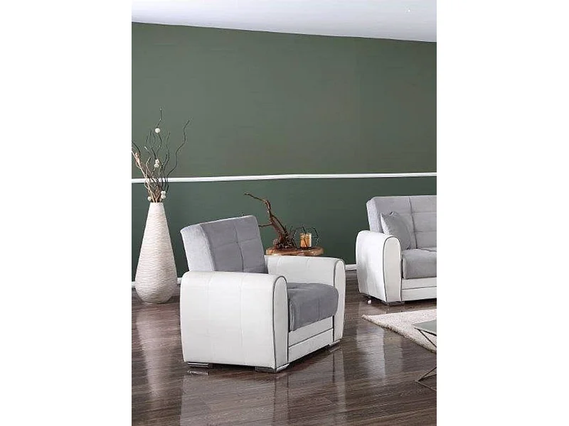 Dcont fauteuil, Fauteuil met opbergruimte in de woonkamer, om te bouwen tot bed, Ontspannende fauteuil in gewatteerde stof, 97x84h91 cm, Wit en lichtgrijs