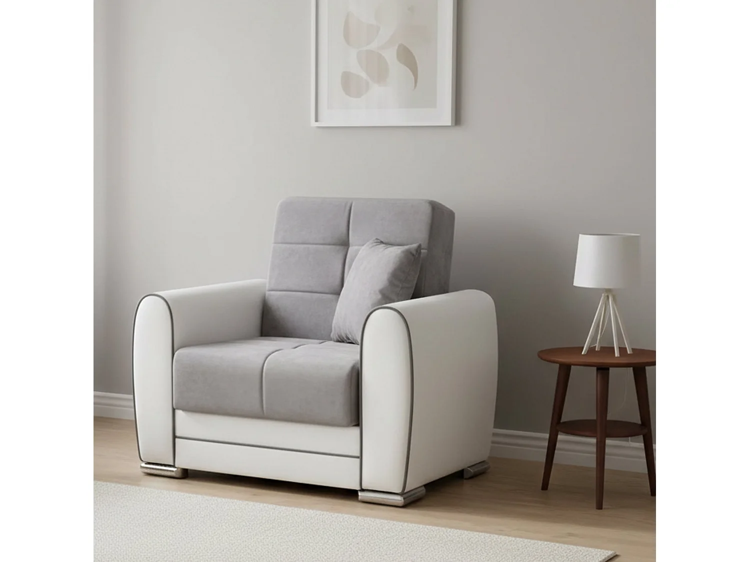 Fauteuil Dcont, Fauteuil conteneur pour le salon, convertible en lit, Fauteuil relax en tissu rembourré, 97x84h91 cm, Blanc et Gris clair