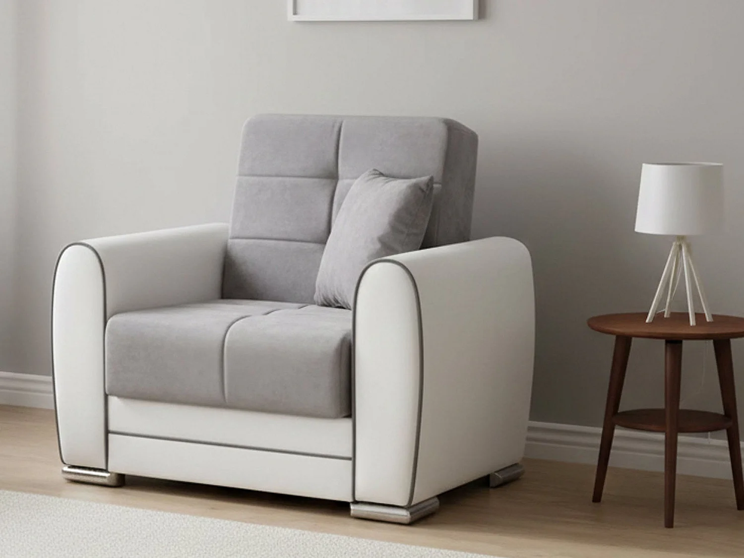 Fauteuil Dcont, Fauteuil conteneur pour le salon, convertible en lit, Fauteuil relax en tissu rembourré, 97x84h91 cm, Blanc et Gris clair