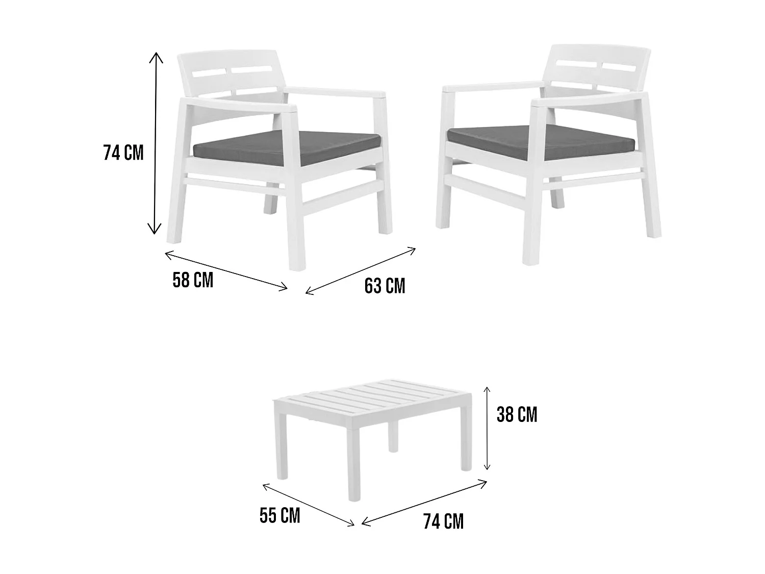 Conjunto lounge externo Dalfier, Conjunto de jardim com 2 poltronas e 1 mesa de centro, Lounge interno e externo com almofadas, 100% Fabricado na Itália, Branco