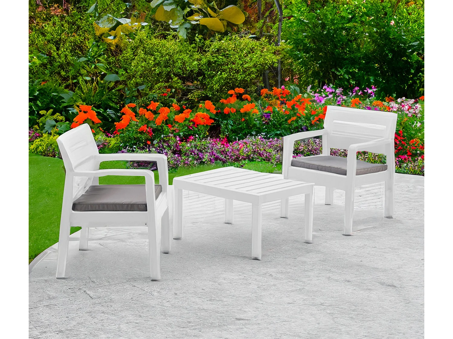 Set salon dextérieur Dalfier,Salon de jardin composé de 2 fauteuils et 1 table basse,, Salon intérieur et extérieur avec coussins, 100% Made in Italy, Blanc
