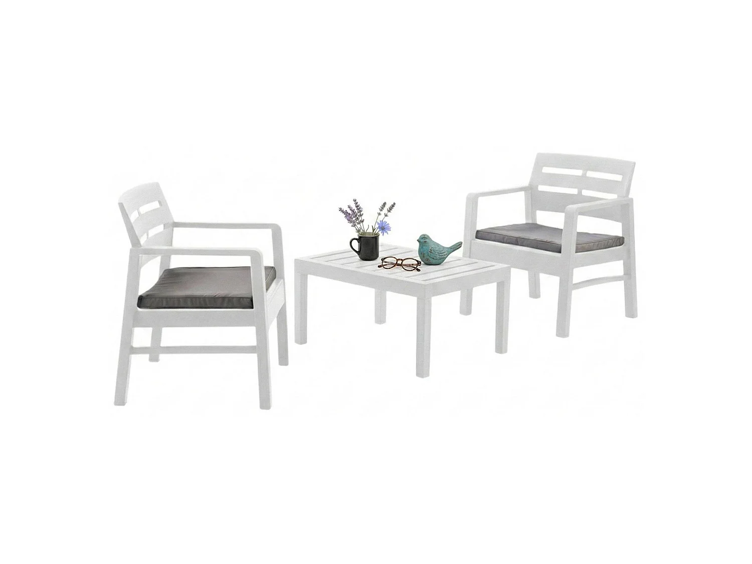Dalfier outdoor loungeset, Tuinset met 2 fauteuils en 1 salontafel, Binnen- en buitenlounge met kussens, 100% Made in Italy, Wit