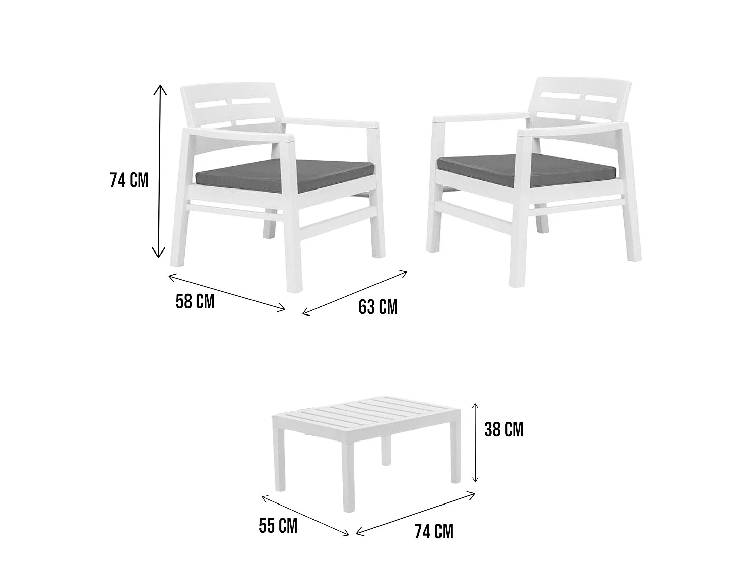 Dalfier outdoor loungeset, Tuinset met 2 fauteuils en 1 salontafel, Binnen- en buitenlounge met kussens, 100% Made in Italy, Wit