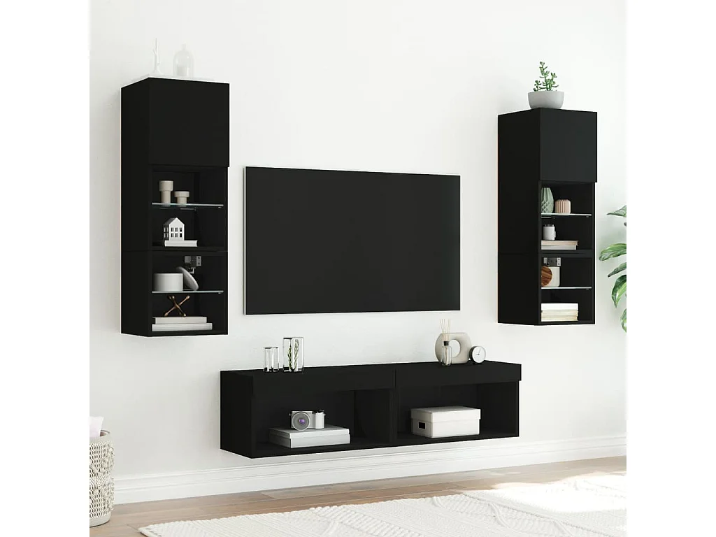 6 pz Mobile TV sospeso con LED Neri in Legno Multistrato CFW10236