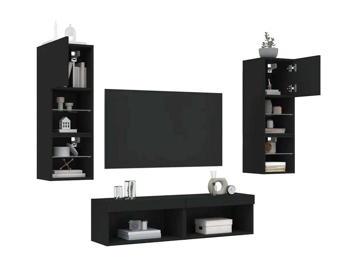 6 pz Mobile TV sospeso con LED Neri in Legno Multistrato CFW10236