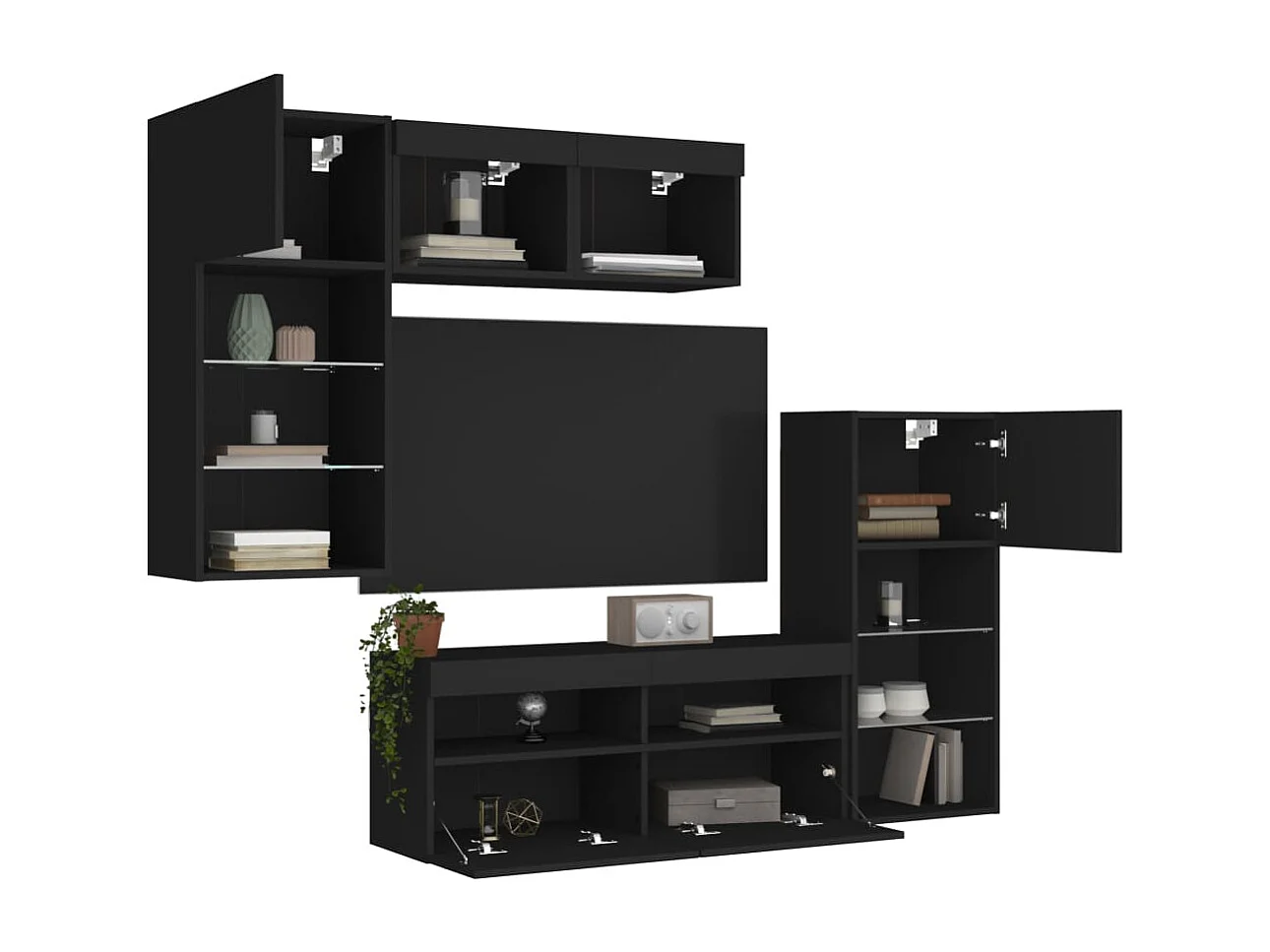 5 pz Mobile TV sospeso con LED Neri in Legno Multistrato CFW51089