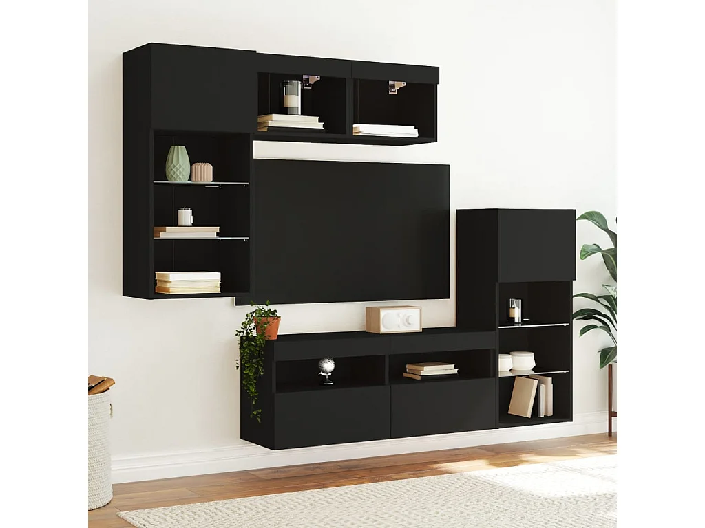 5 pz Mobile TV sospeso con LED Neri in Legno Multistrato CFW51089