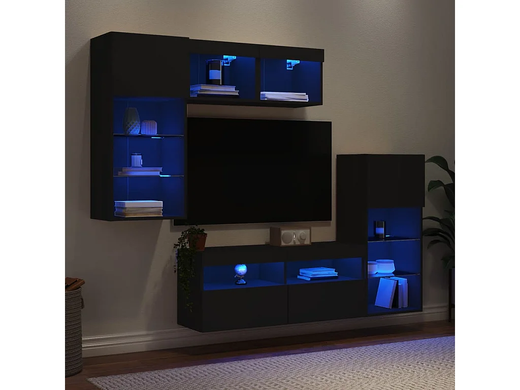 5 pz Mobile TV sospeso con LED Neri in Legno Multistrato CFW51089