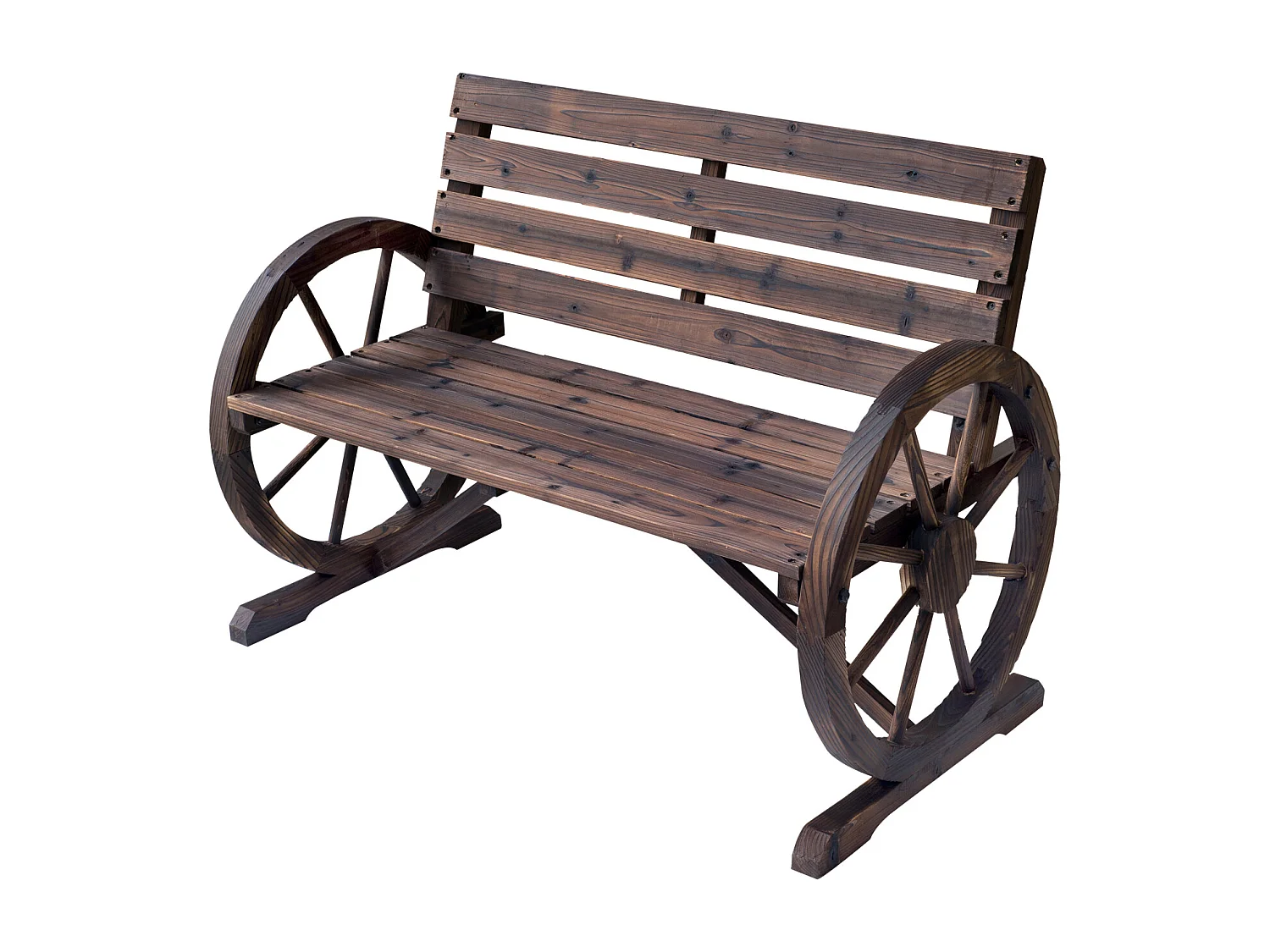 Banc de jardin 3 places style rustique chic accoudoirs roues charette bois sapin traité carbonisation