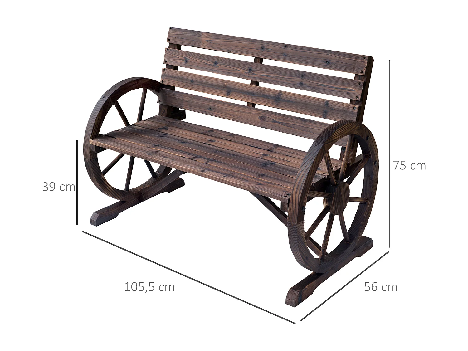 Banc de jardin 3 places style rustique chic accoudoirs roues charette bois sapin traité carbonisation