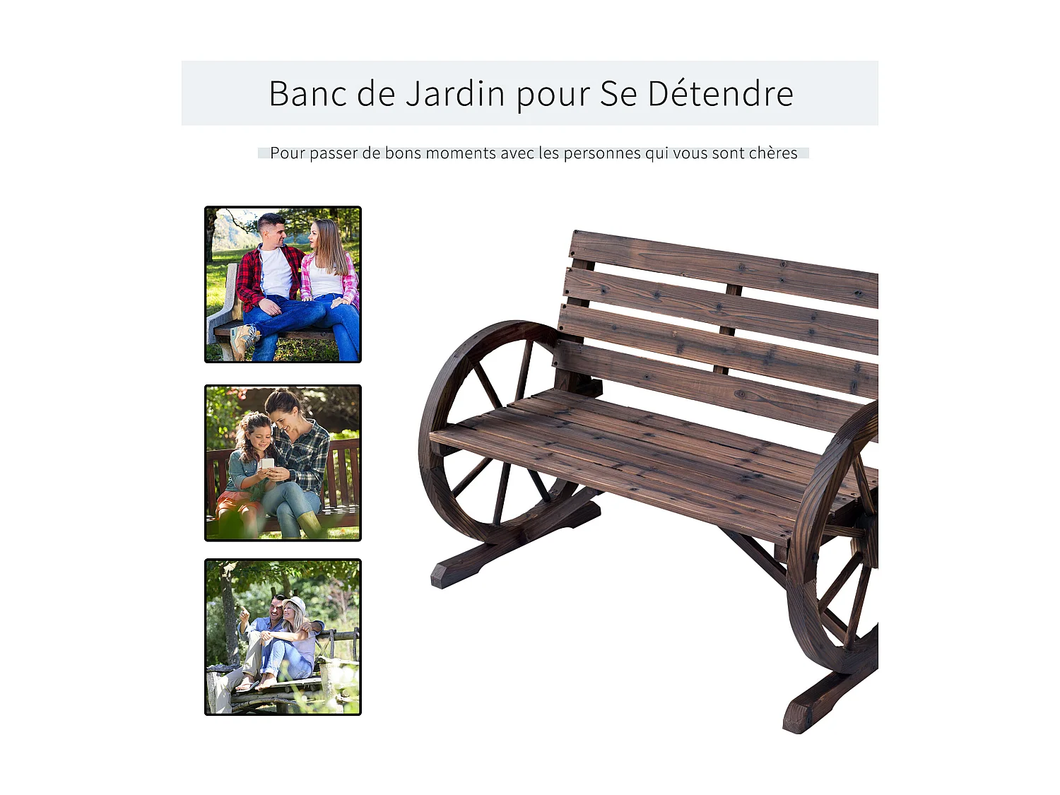 Banc de jardin 3 places style rustique chic accoudoirs roues charette bois sapin traité carbonisation