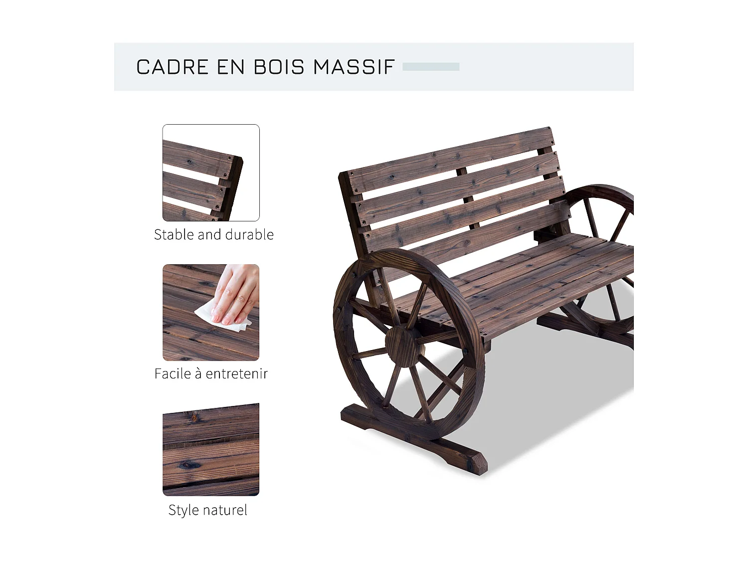 Banc de jardin 3 places style rustique chic accoudoirs roues charette bois sapin traité carbonisation