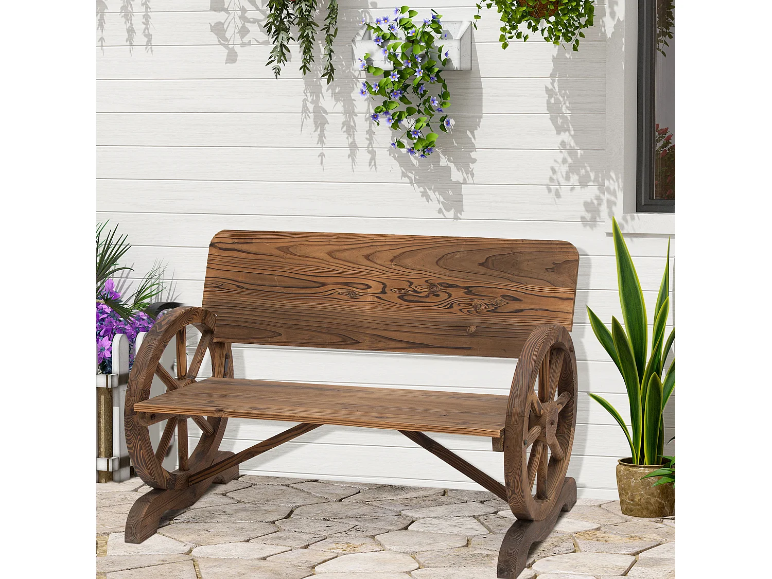 Banc de jardin 3 places style rustique chic accoudoirs roues de charette bois sapin traité carbonisation