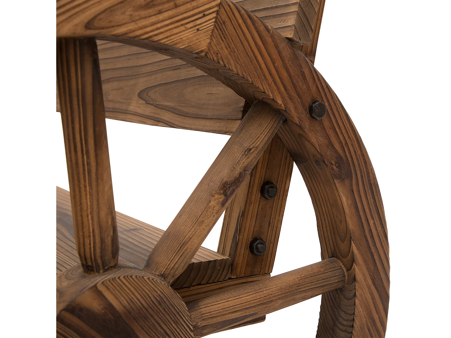 Banc de jardin 3 places style rustique chic accoudoirs roues de charette bois sapin traité carbonisation