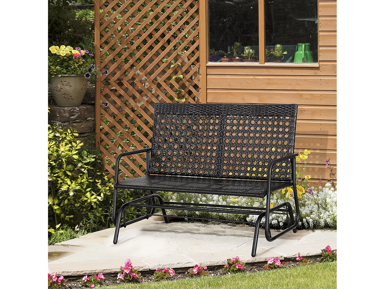 Banc à bascule de jardin 2 places style cosy chic métal époxy résine tressée imitation rotin noir
