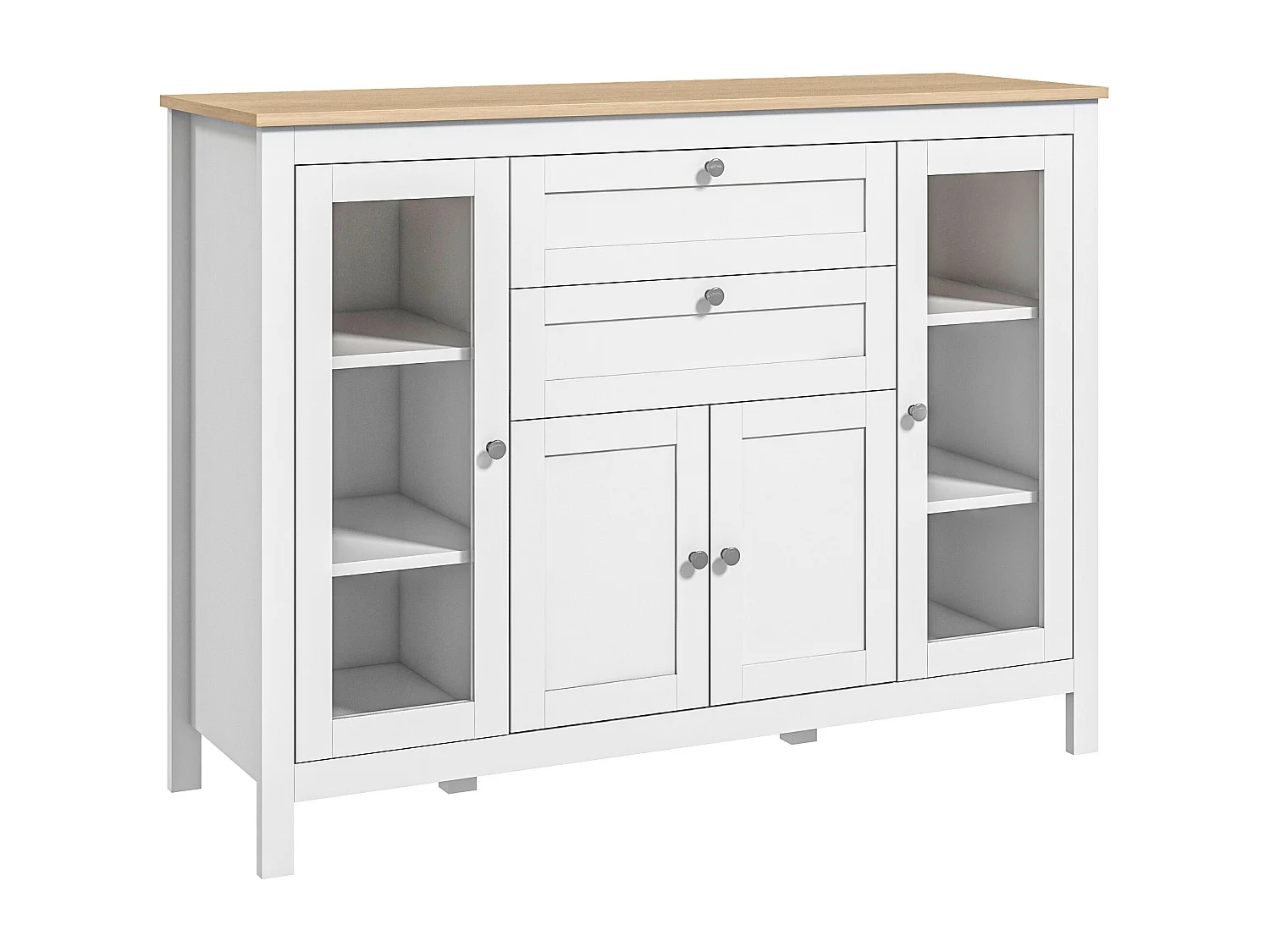 Buffet style classique chic multi-rangement 2 portes 2 étagères réglables 2 tiroirs coulissants placard 2 portes MDF blanc plateau aspect bois clair