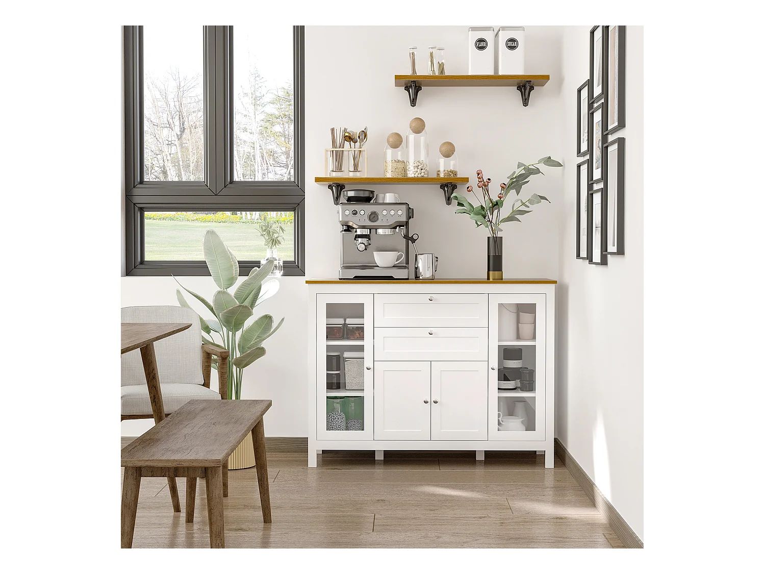 Buffet style classique chic multi-rangement 2 portes 2 étagères réglables 2 tiroirs coulissants placard 2 portes MDF blanc plateau aspect bois clair